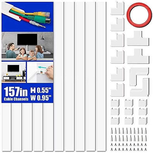 Cord Cover Raceway Kit, 157" Cable Management Channel, Paintable Cord Concealer System Covers Cable, Cord Wires, Hiding Wall Mount TV Powers Cords in Home Office, 10X L15.7 in X W0.95 in X 0.55 In