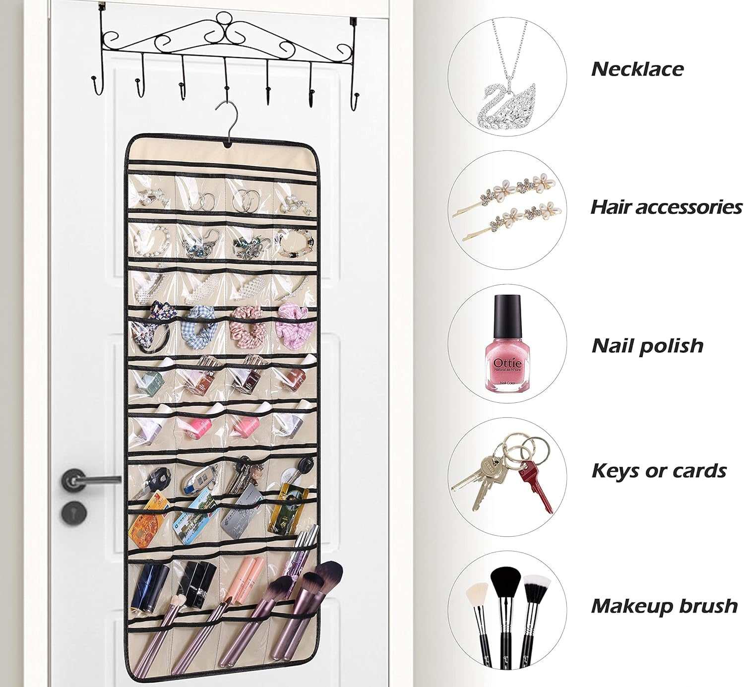 Dual-Sided Hanging Jewelry Organizer with 40 Pockets and 20 Hook & Loops Closet Necklace Holder for Earring Bracelet Ring Chain with Rotating Hanger, Beige