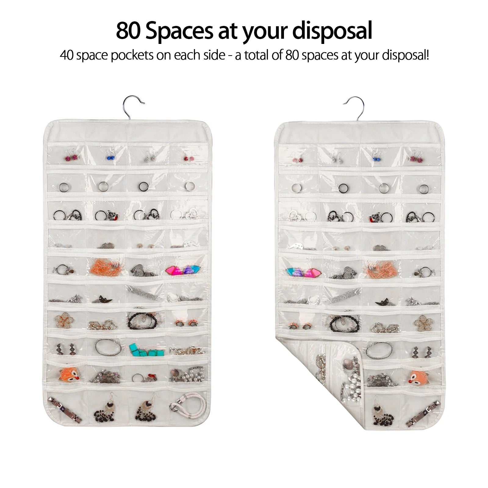 Hanging Jewelry Organizer with 80 Pockets,  Double Sided Closet Storage Bag, Transparent Accessories Organizer for Earrings Necklace Bracelet Ring Accessory Display