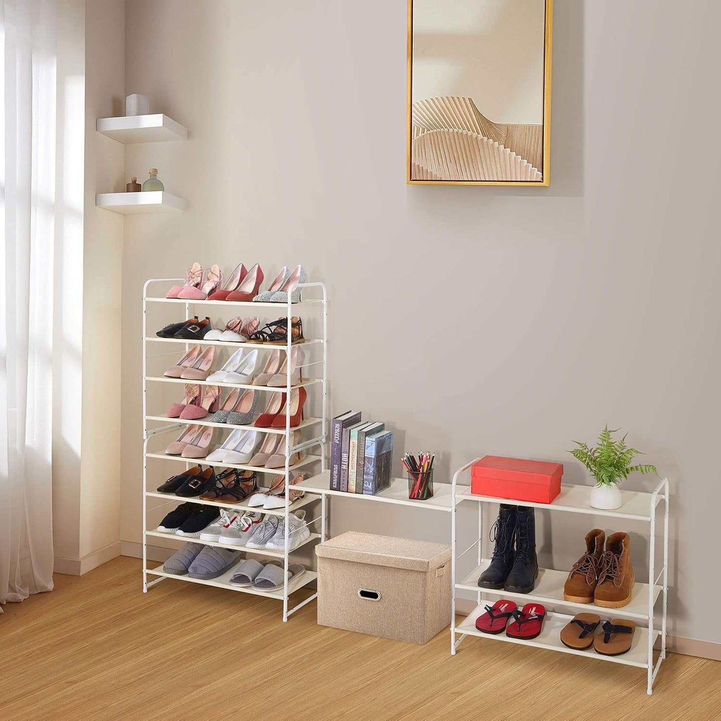 4 Tier Stackable Shoe Rack, Expandable & Adjustable Fabric Shoe Shelf Storage Organizer, White
