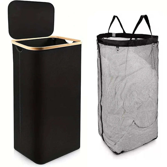 Large Laundry Basket with Lid, 100L Laundry Basket with Bamboo Handles for Clothes and Toys, Freestanding Collapsible Laundry Hamper with Inner Bag for Bedroom and Bathroom-Black