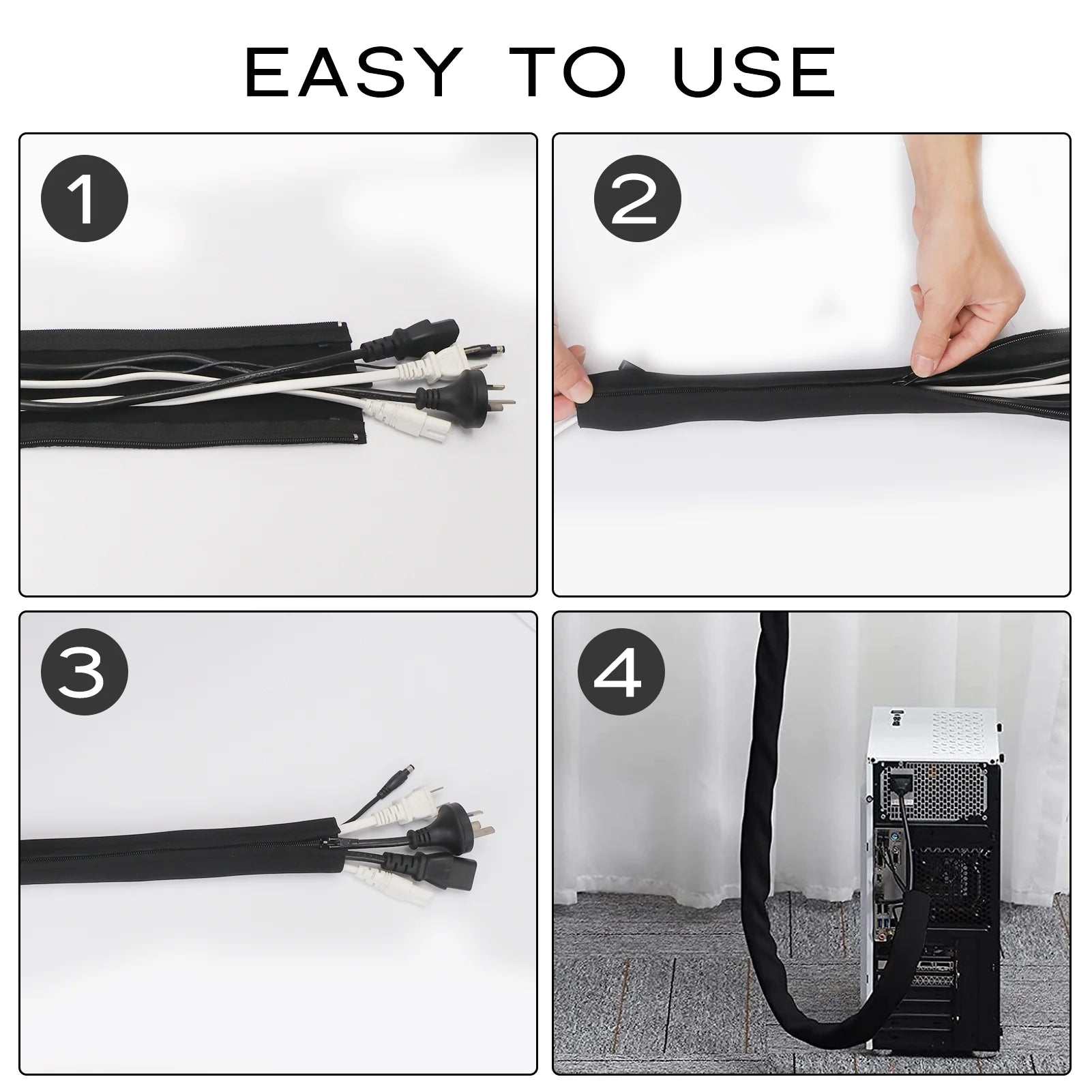 Cable Sleeves,[4 Pack] Flexible Cable Management Sleeves,[Waterproof][Buckles Design] 19.5 Inch Wire Cover Cord Organizer System with Zipper for Tv,Computer,Office,Home Entertainment,Black