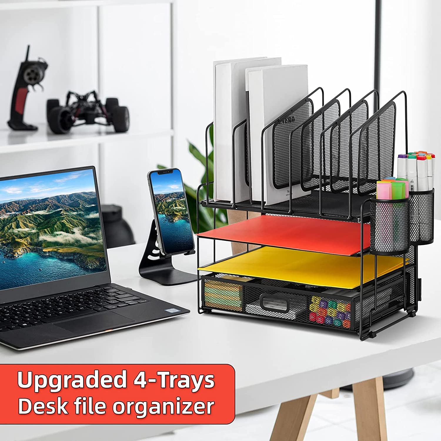 Desk Organizer with Drawer, 4-Tier Mesh Desk File Organizer with 5 Vertical File Holders and 2 Pen Holders, Multifunction Desktop Organizer