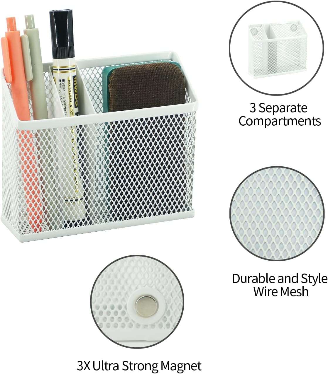 Magnetic Pencil Holder,Magnetic Dry Erase Marker Holder for Whiteboard, Magnetic Storage Basket for Refrigerator, Pack 2 (White)