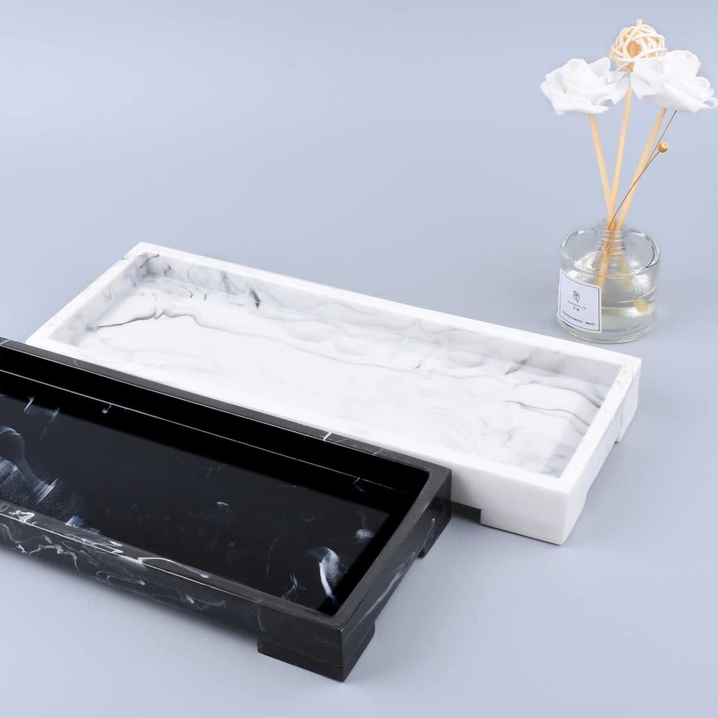 Vanity Tray Toilet Tank Tray, White Elegant Marble Pattern Bathtub Tray, Vanity Bathroom Organizer for Collect Small Things, Make-Up Desk Tray, Resin Dresser Jewelry Tray, Medium Size