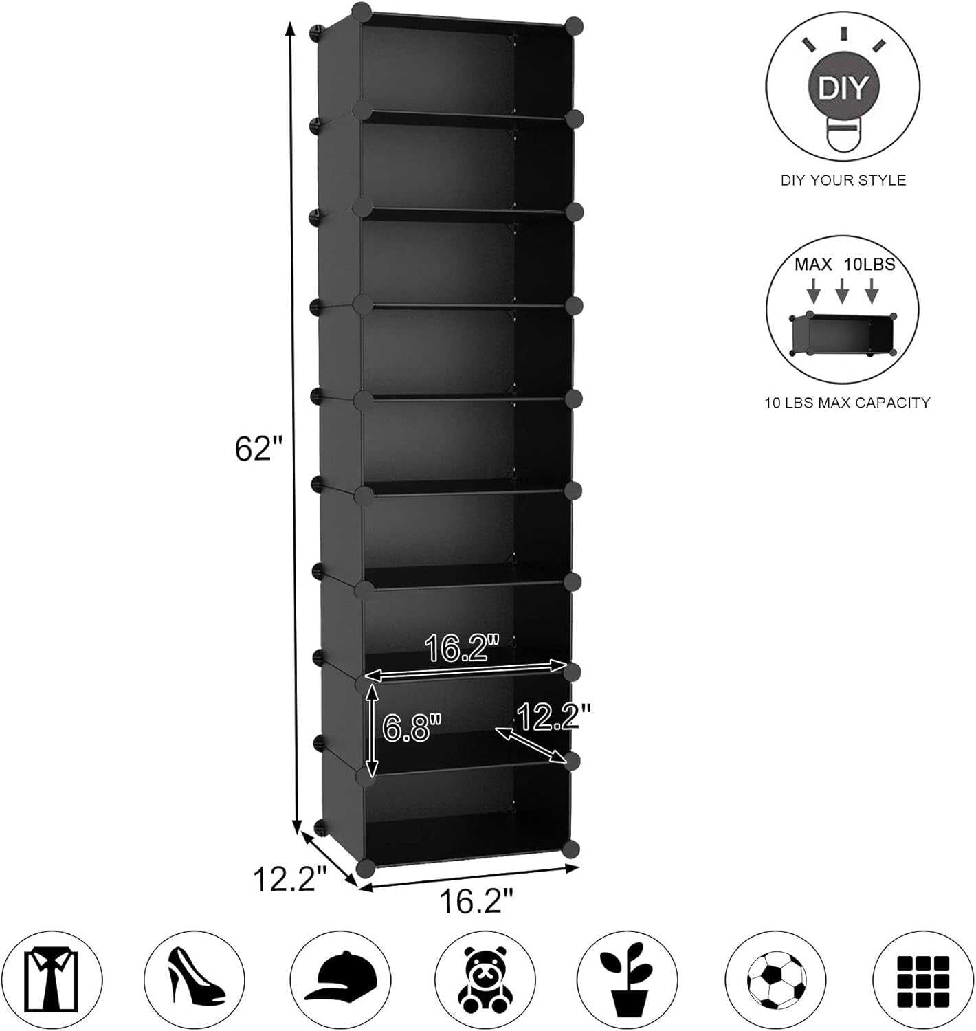 9-Tier Shoe Rack, 18 Pairs Plastic Shoe Shelves, Modular Shoe Storage Organizer Units, Space Saving Closet Cabinet Ideal for Bedroom Living Room Entryway Hallway, 16.2"L × 12.2"W × 62"H Black