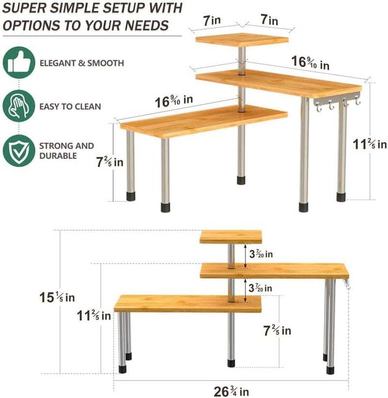 Kitchen Countertop Organizer Corner Shelf - 3 Tier Bathroom Storage Display Counter Shelves Bamboo Spice Rack Desk Bookshelf with Hooks