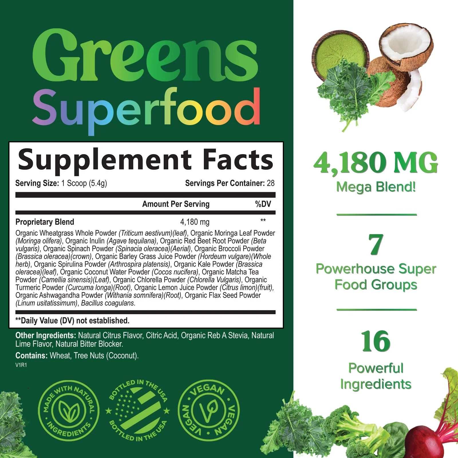 Greens Superfood Powder - Original Organic Greens Smoothie & Juice Mix Powder, Antioxidants & Probiotics, Spirulina, Chlorella, Beet Root, Whole Foods, Digestive & Energy Health Support - 28 Servings