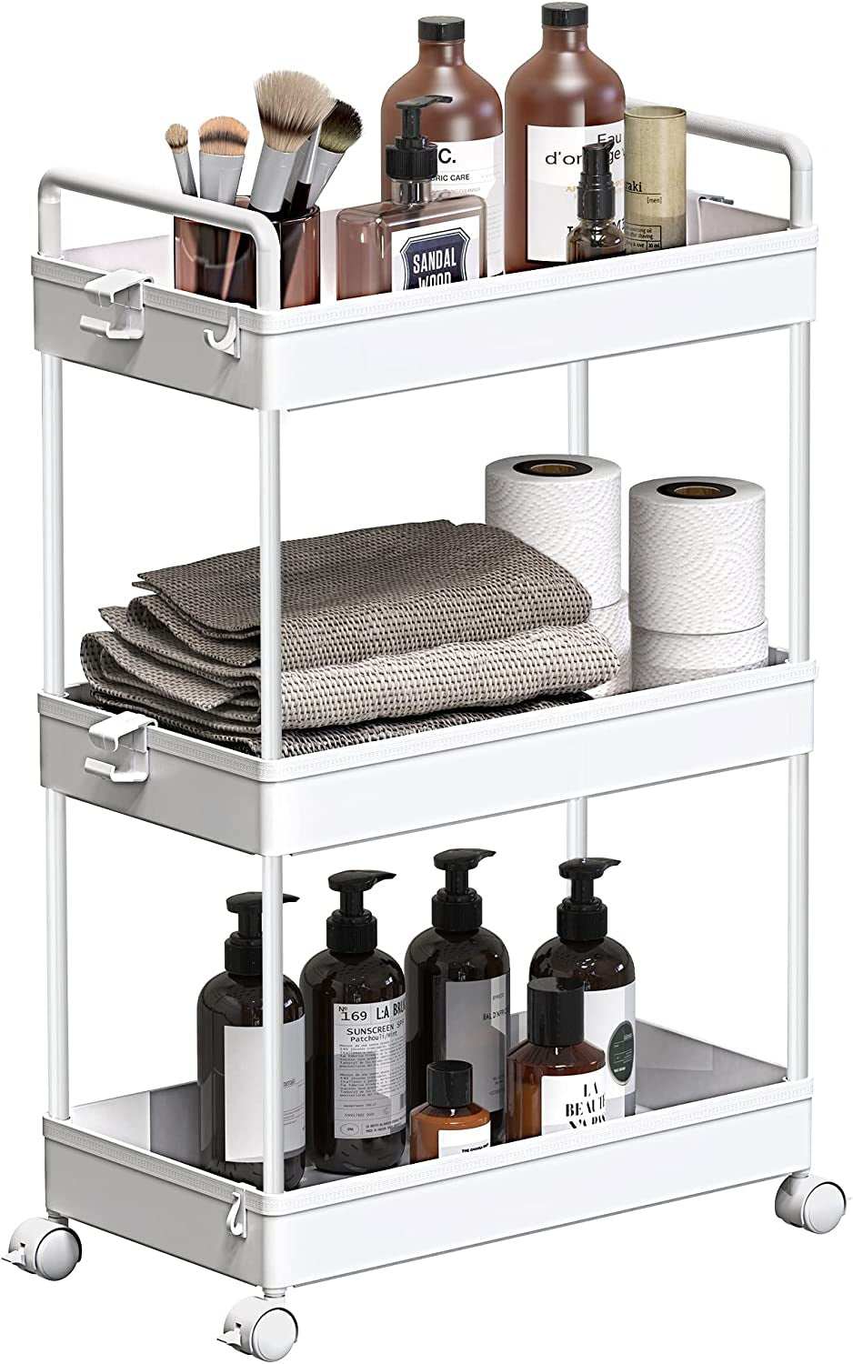 Rolling Storage Cart, 3 Tier Utility Cart Mobile Slide Out Organizer, Bathroom Standing Rack Shelving Unit Organizer for Kitchen, Bathroom, Laundry Room, White