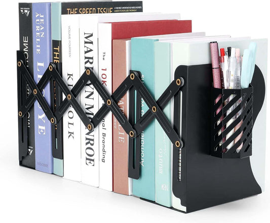 Book Ends, Adjustable Metal Bookends Book Holders for Shelves, Desk Magazine File Organizer Holder for Office, Books, Papers, Extends up to 19 Inches.Scratch-Resistant Hand Coating-Black