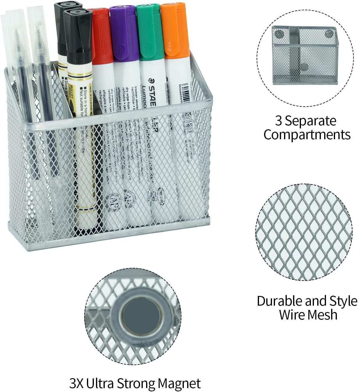 Magnetic Pen Holder，Magnetic Storage Basket for Refrigerator, Locker, Magnetic Dry Erase Marker Holder for Whiteboard, Pack 2 (Silver)