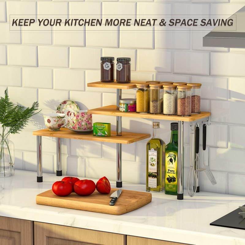 Kitchen Countertop Organizer Corner Shelf - 3 Tier Bathroom Storage Display Counter Shelves Bamboo Spice Rack Desk Bookshelf with Hooks