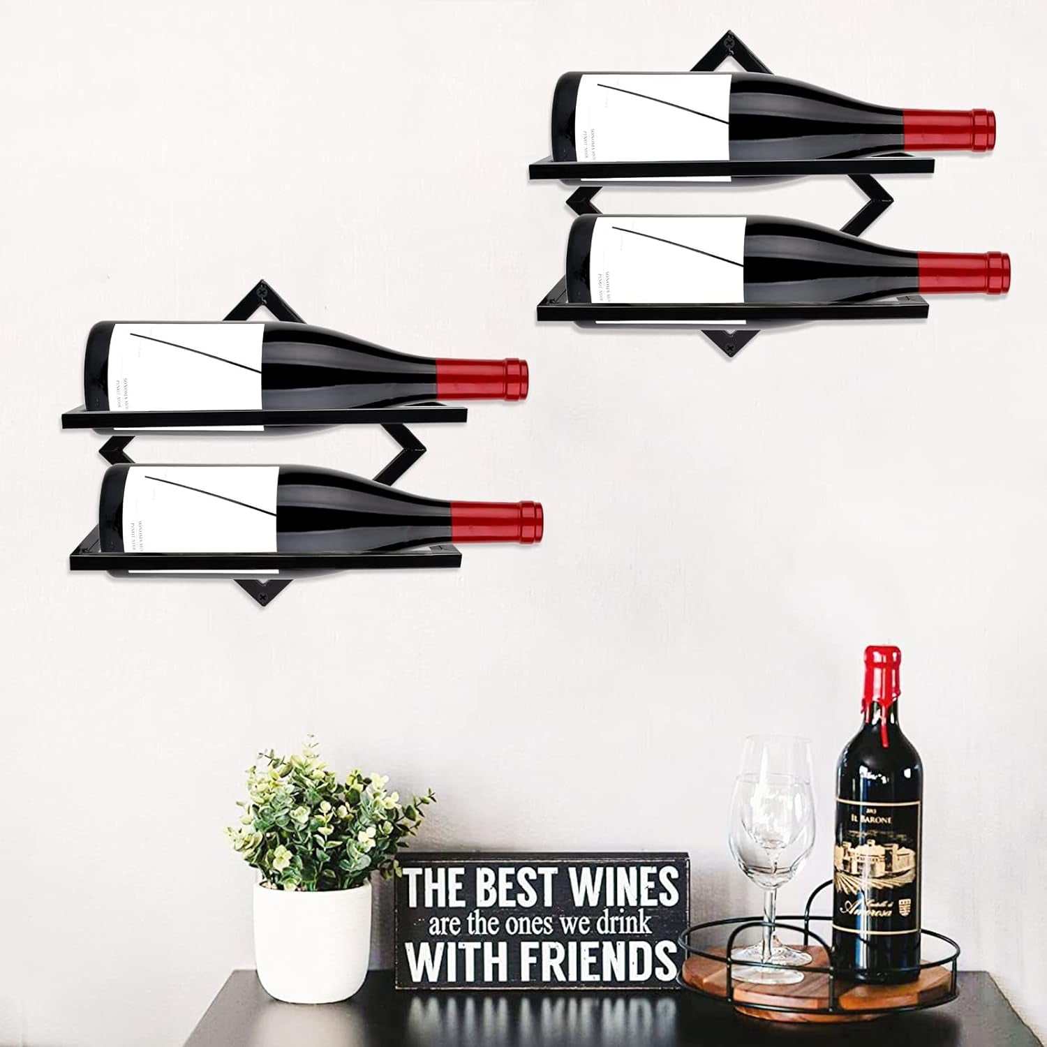 2Pcs Metal Wall Mounted Wine Holder, Upgrade Foldable Hanging Wall Wine Rack Organizer for 2 Liquor Bottles, Red Wine Bottle Display Hanger with Screws for Home Kitchen Bar Wall Décor…