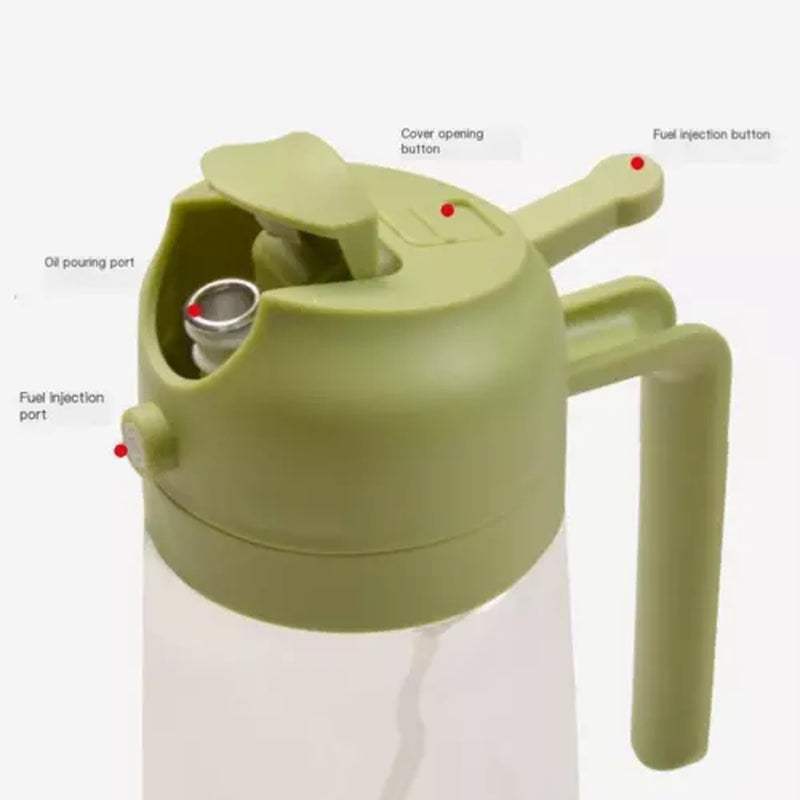 2-In-1 450ML glass oil sprayer dispenser with green lid and handle, featuring dual-function design for versatile cooking.