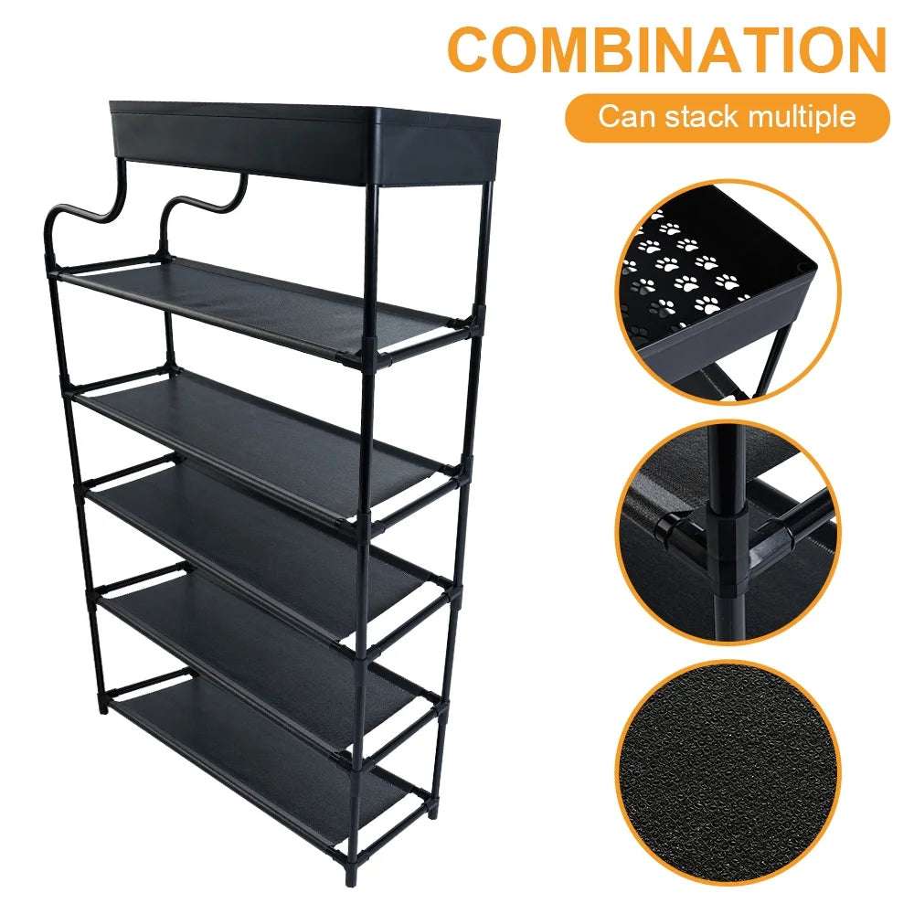 6-Tier Free Standing Shoe Rack, 39.7In Shoe Shelf, Entryway Shoe Organizer Storage Cabinet, with 5 Fabric Shelves and Storage Top for Bags or Shoes, Black