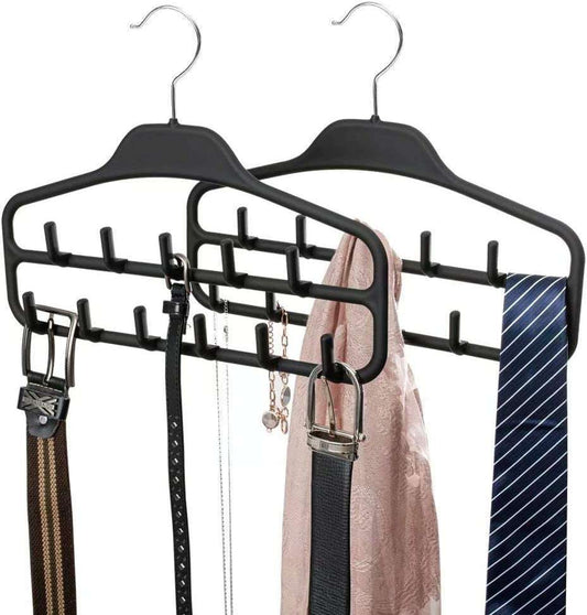 Belt Hanger Organizer 2 Pack, Non Slip Tie Rack Holder, Durable Hanging Closet Accessory Hooks for Belts, Ties, Jewelry, Scarves, Black