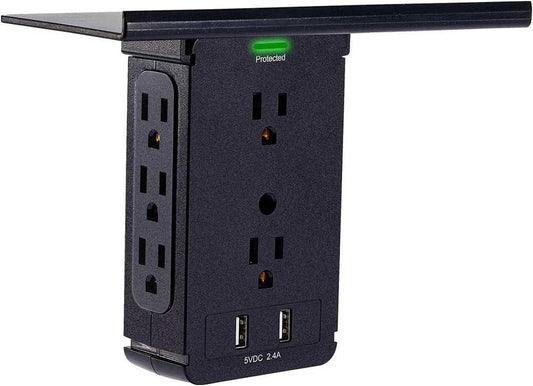 Socket Wall Shelf- 10 Port Surge Protector Wall Outlet,8 Electrical Outlet Extenders and 2 USB Ports 2.4A, with Removable Built-In Shelf, FCC Listed (1, Black)