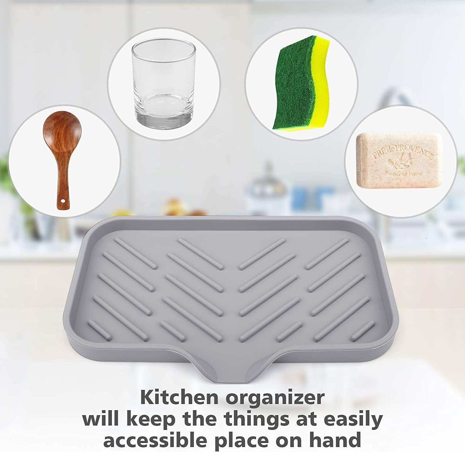 Silicone Kitchen Sink Tray Soap Tray Soap Dish Holder Sponge Holder with Built-In Drain Lip, Countertop Sink Kitchen Organizer Tray for Dish Soap/Sponge/Brush,Large Size