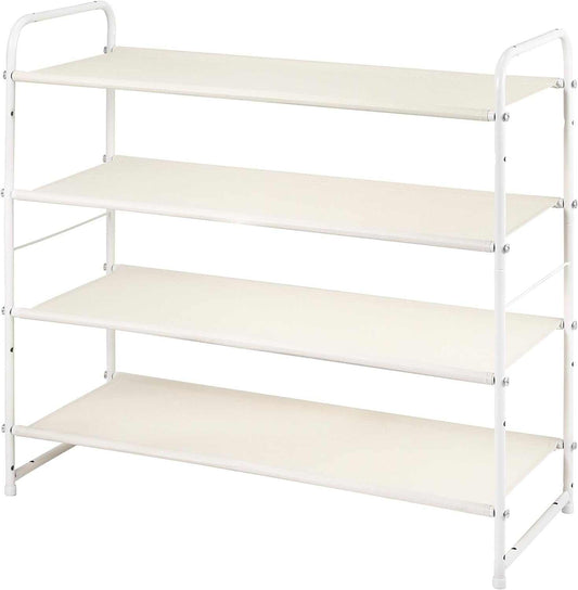 4 Tier Stackable Shoe Rack, Expandable & Adjustable Fabric Shoe Shelf Storage Organizer, White