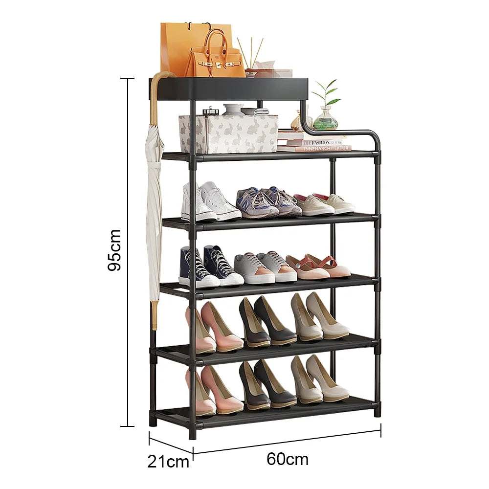 6-Tier Free Standing Shoe Rack, 39.7In Shoe Shelf, Entryway Shoe Organizer Storage Cabinet, with 5 Fabric Shelves and Storage Top for Bags or Shoes, Black