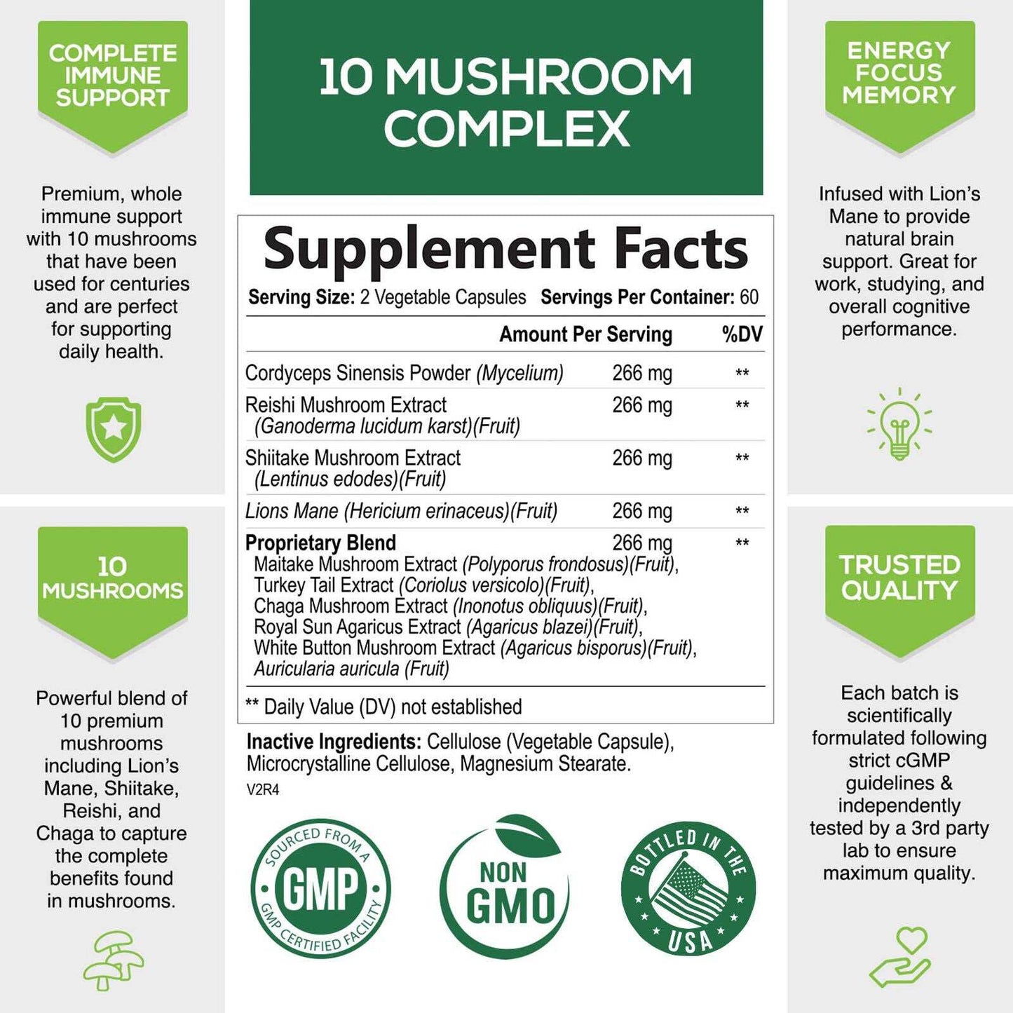 Mushroom Complex Supplement Capsules - 10 Mushrooms Lions Mane, Reishi, Chaga