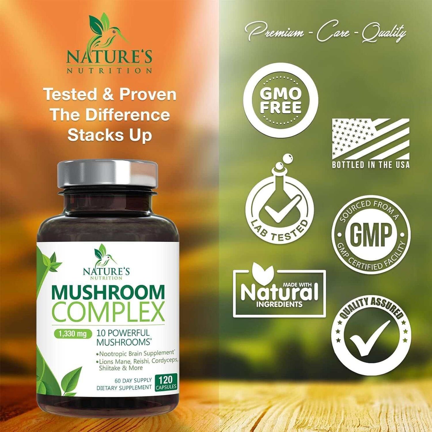 Mushroom Complex Supplement Capsules - 10 Mushrooms Lions Mane, Reishi, Chaga